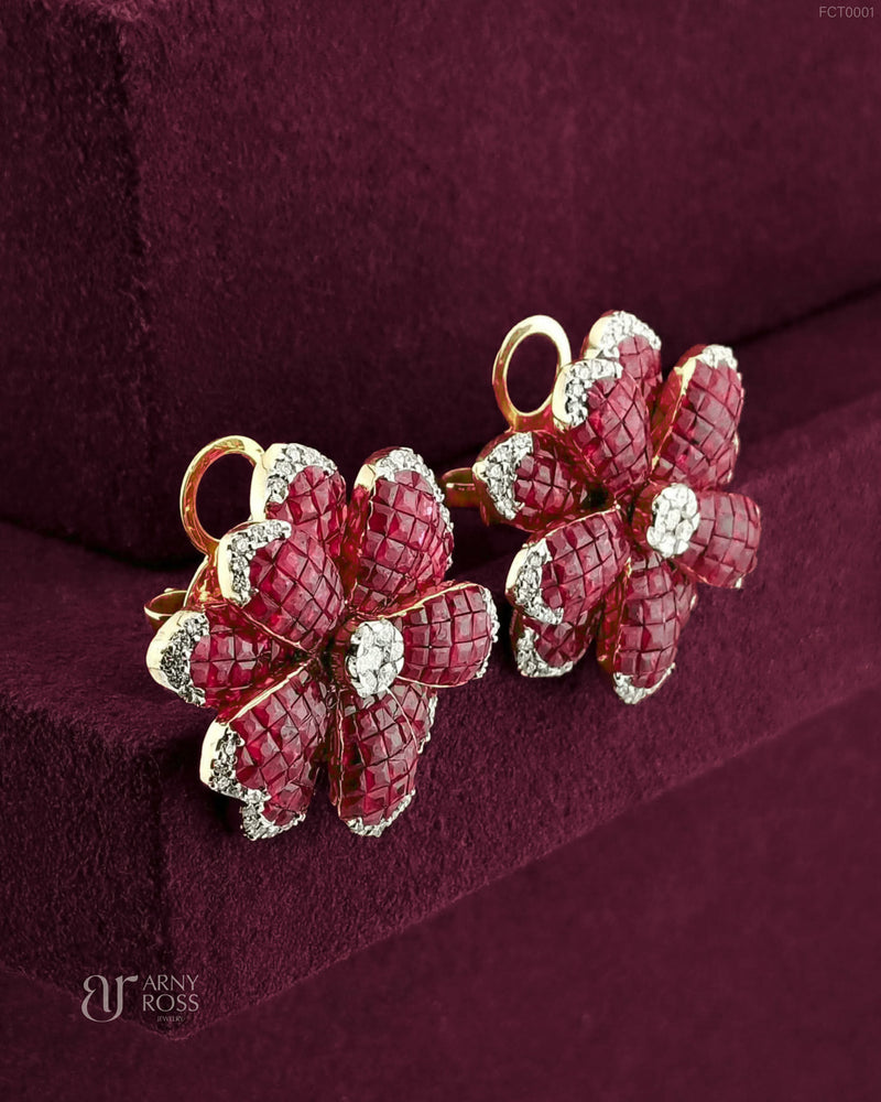 Flower Ruby Earrings with Diamonds