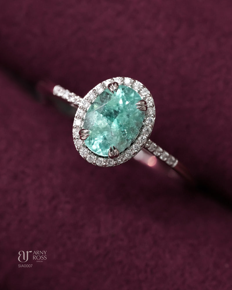 Oval Paraiba Ring with Halo & Side Diamonds