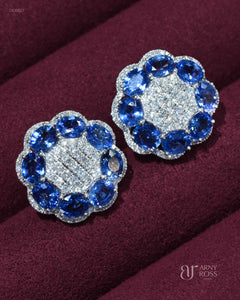 Blue Sapphire & Diamond Flower Earrings