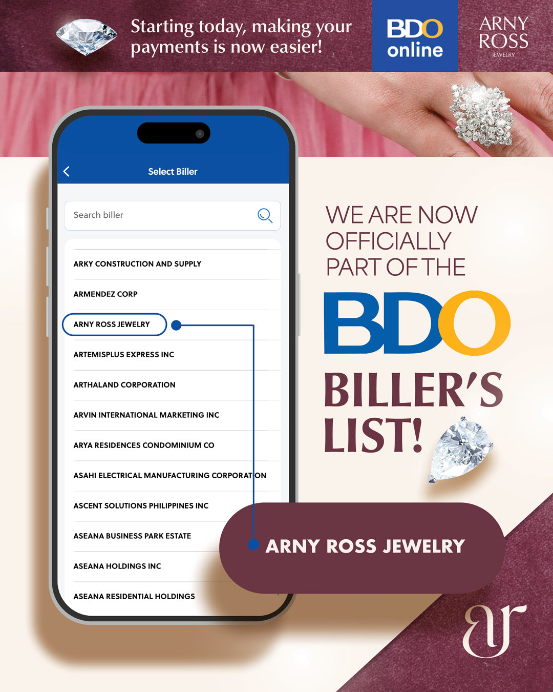 Arny Ross Jewelry is now on the BDO Biller's List